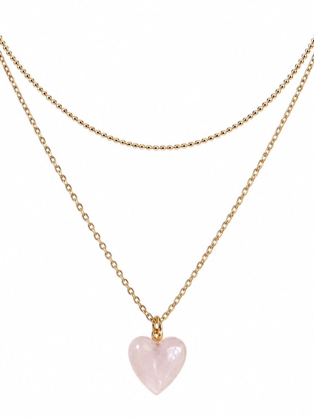 Soft Pink Heart Pendant Two Layer Gold Tone Necklace